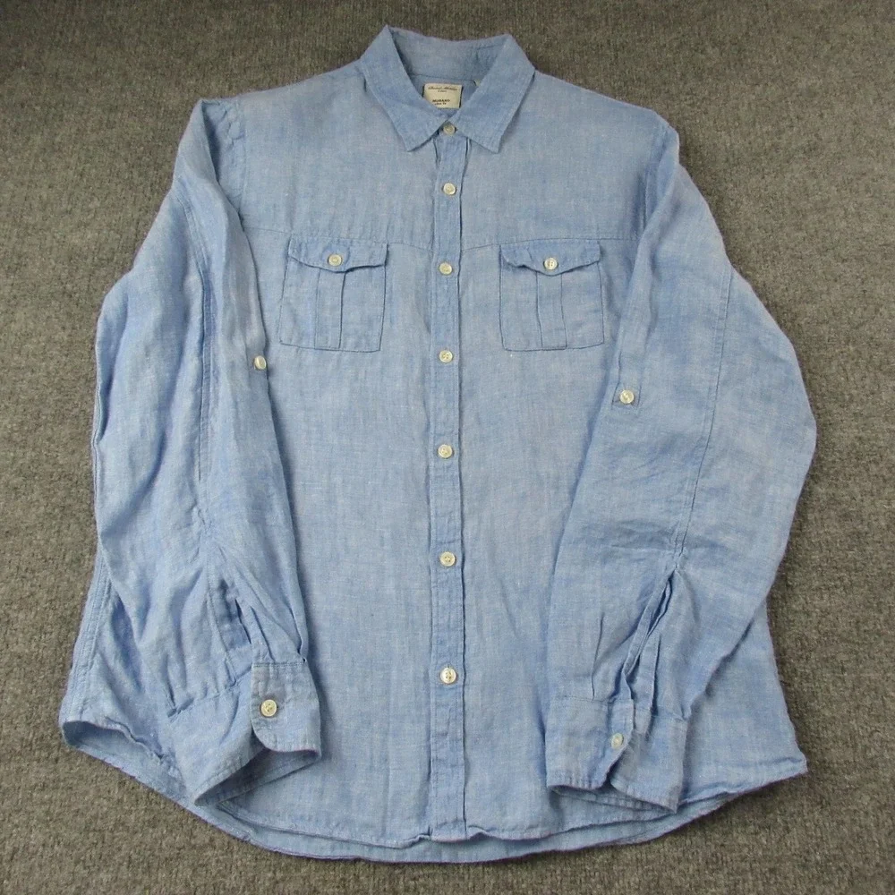 Murano Baird McNutt Linen Shirt Mens Large Blue Slim Fit Long Roll Tab Sleeve - Picture 2 of 11